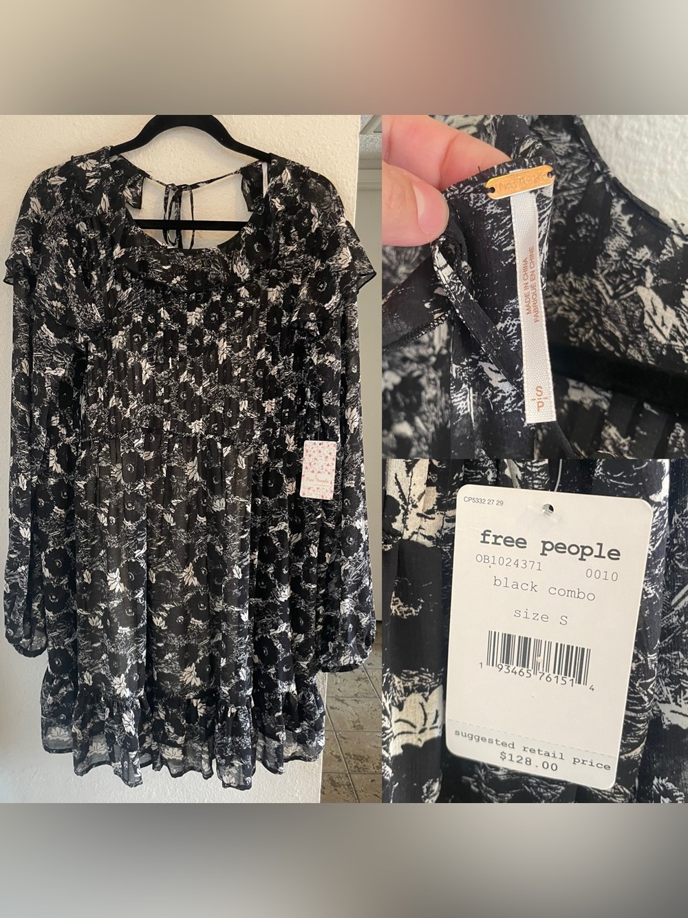 NWT Free People Small Black White Floral Dress